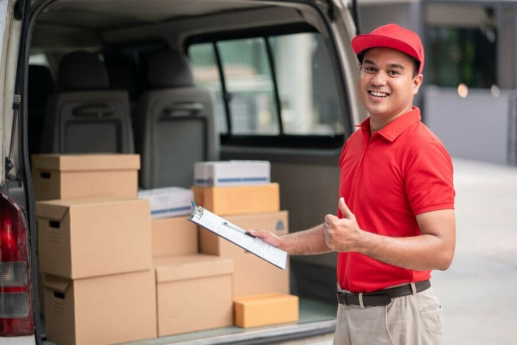 A man holds a clipboard, representing a package forwarding service in Germany