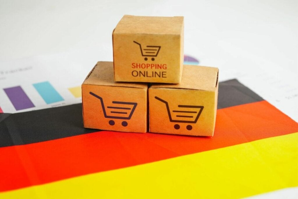 Online shopping with the German flag, highlighting international shipping from Germany