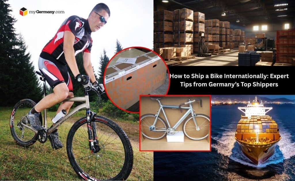 Man riding a bicycle with caption: How to ship a bike internationally with expert advice from Germany