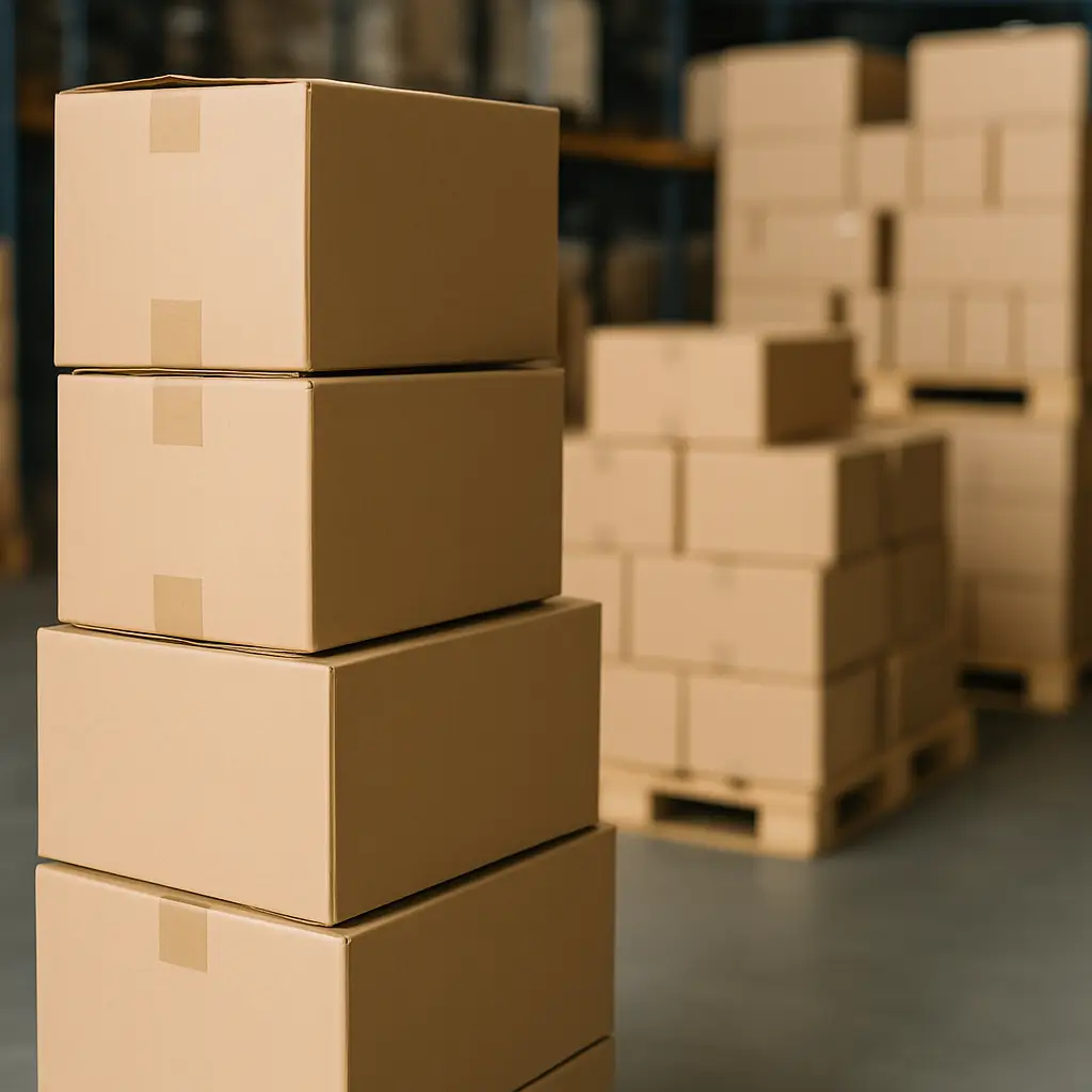 stacked cardboard boxes in warehouse ready for shipment